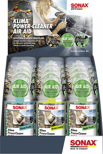 SONAX KlimaPowerCleaner AirAid probiotisch Thekendisplay gemischt (Inhalt:4xOcean-Fresh,4xCherryKick