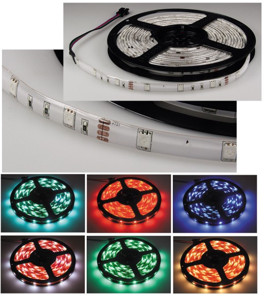 ChiliTec LED-Stripe RGB, 5m lang, 150 LEDs 12V, 33W, IP44, weiße Platine