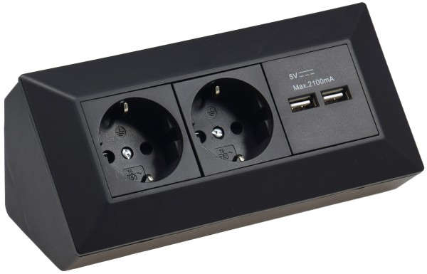 ChiliTec 2-fach Steckdosenblock + 2x USB schwarz 250V AC / 16A Aufbaumontage Neue Version