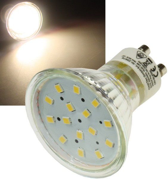 ChiliTec LED Strahler GU10 H10 SMD 15 SMD LEDs 3000k, 50lm, 120°, 230V/0,8W, warmweiß