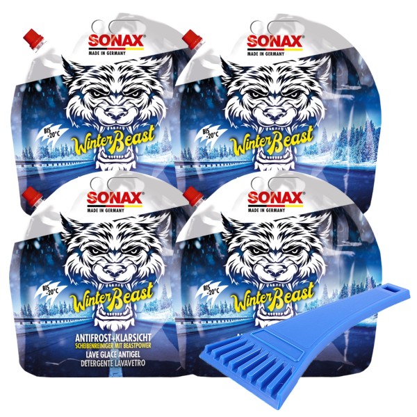 4x SONAX AntiFrost + KlarSicht Standbodenbeutel -20°C WinterBeast 3 L + Eiskratzer blau