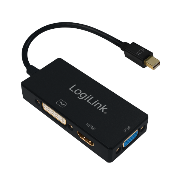 LogiLink DisplayPort Adapter mDP/M zu HDMI+DVI+VGA 4K 30 Hz schwarz 0,15 m (1er Blister)