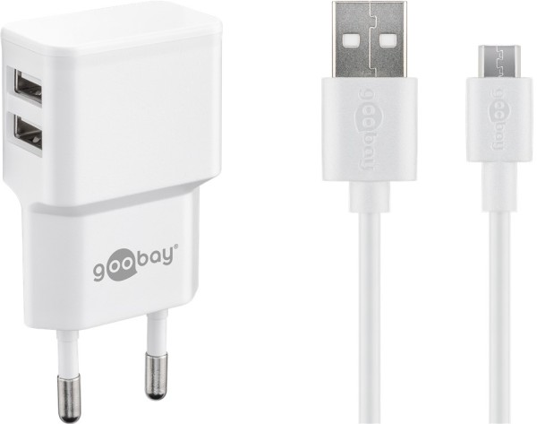 goobay Micro USB Dual Ladeset 2,4 A Netzteil mit 2 x USB Buchse und Micro USB Kabel weiß 1 m (1er So