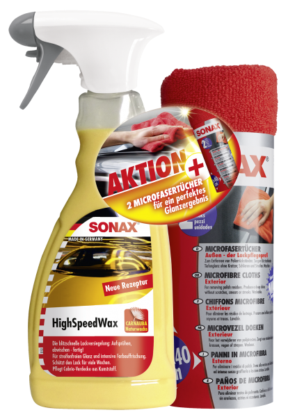 SONAX HighSpeedWax 500 ml + MicrofaserTücher Außen - der Lackpflegeprofi (2er Set) AKTION