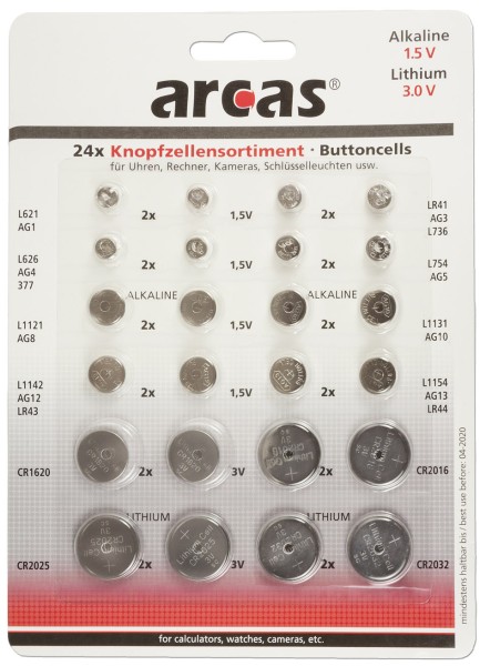ChiliTec Knopfzellen-Sortiment 24 teilig 8 versch. AG + 4 versch. CR-Knopfzellen