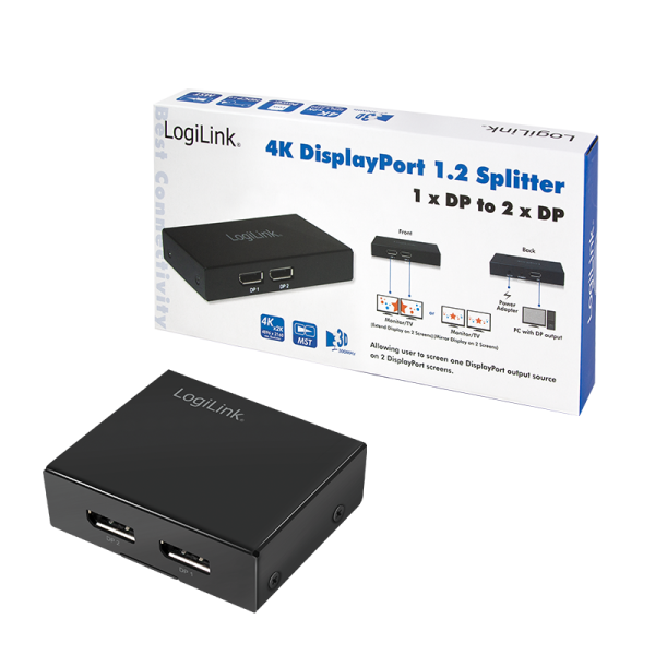 LogiLink DisplayPort Splitter 1 x 2 port 1 x DP zu 2 x DP 4K 60 Hz EDID HDCP MST schwarz (1er Faltsc