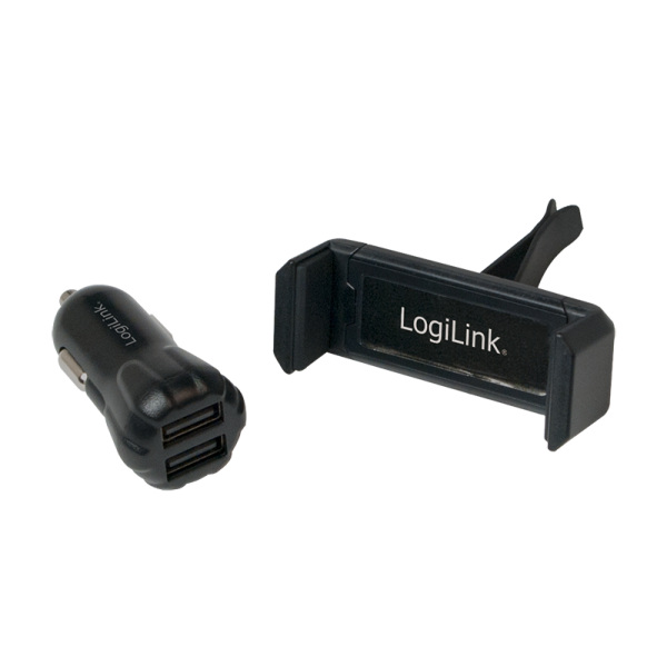 LogiLink USB Kfz Ladegerät + Smatphone Halterung im Set schwarz (2er Blister)