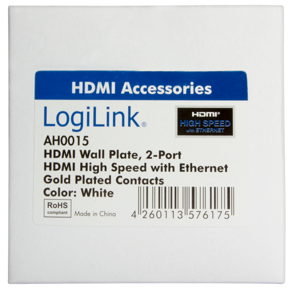 LogiLink HDMI Wanddose mit 2 fach mit HDMI Kabel 4K/30Hz weiß 0,18 m (1er Faltschachtel)