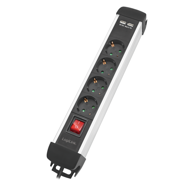 LogiLink Steckdosenleiste 4 fach mit 2 x USB schwarz/silber 1,5 m (1er Faltschachtel)