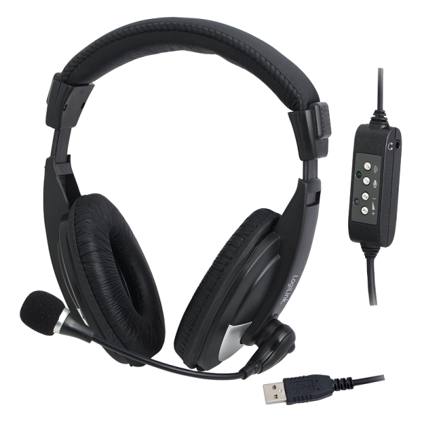 LogiLink USB Stereo Headset mit zusätzlichem Klinkenanschluss schwarz/silber (1er Blister)