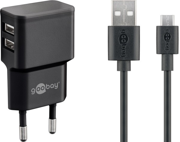 goobay Micro USB Dual Ladeset 2,4 A Netzteil mit 2 x USB Buchse und Micro USB Kabel schwarz 1 m (1er