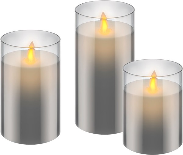 goobay 3er-Set LED-Echtwachs-Kerzen im Glas weiß/grau (3er Faltschachtel)