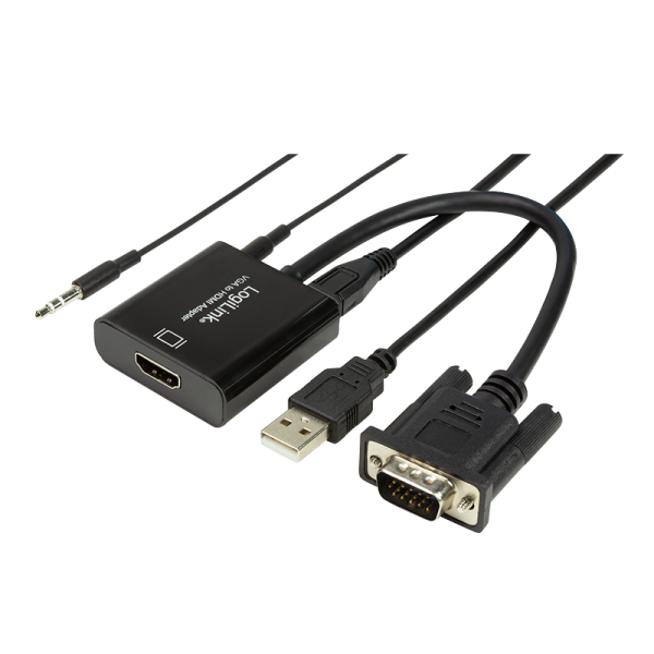LogiLink VGA Adapter HD15/M auf HDMI A 3,5 mm + Micro USB FHD schwarz 0,15 m (1er Softpack)