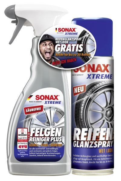 SONAX XTREME FelgenReiniger PLUS 500 ml + XTREME ReifenGlanzSpray Wet Look 300 ml AKTION