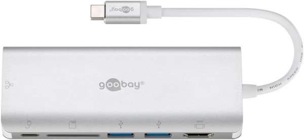 goobay USB C Multiport Adapter HDMI 4K 30 Hz USB/CR/RJ45/PD Aluminium (1er Faltschachtel)