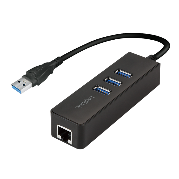 LogiLink USB 3.0 Typ A auf Gigabit Adapter auf 1 x RJ45 und 3 x USB 3.0 Typ A (1er Faltschachtel)