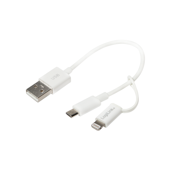 LogiLink USB 2.0 Kabel USB A auf Micro USB + Lightning Metall weiß 0,15 m