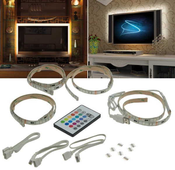 ChiliTec RGB Stripe Set:TV-Hintergrundbeleuchtung USB, 4x 50cm, Verbinder & Fernbedien