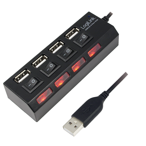LogiLink USB 2.0 Hub 4 Port mit EIN/AUS Schalter schwarz (1er Faltschachtel)
