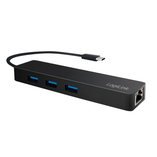 LogiLink USB C 3 Port Hub mit Gigabit Adapter schwarz (1er Faltschachtel)