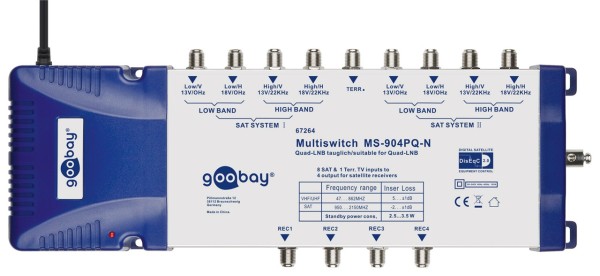 goobay SAT Multischalter 9/4 Verteiler für max. 4 Teilnehmer von zwei Satelliten silber/blau (1er Fa