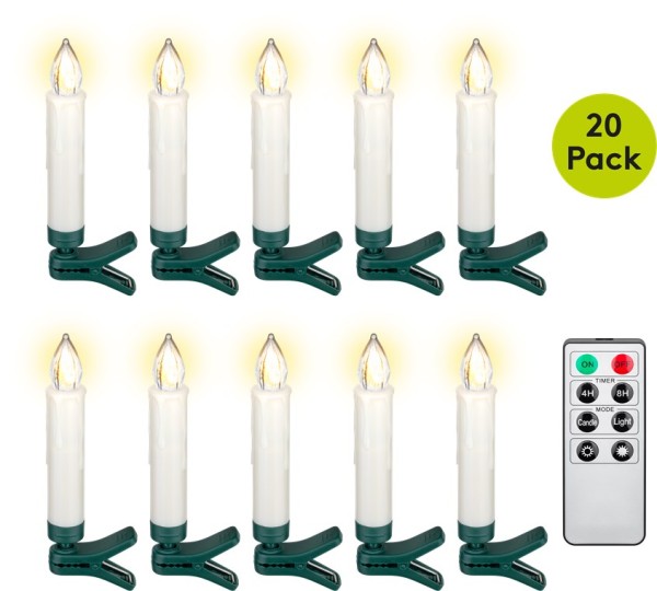 goobay 20 kabellose LED-Weihnachtsbaumkerzen mit Timer und Dimmer grün/weiß (20er Faltschachtel)