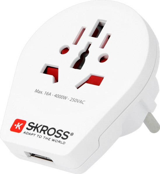 SKROSS Country Adapter World to Europe USB 2/3 polig weiß (1er Blister)