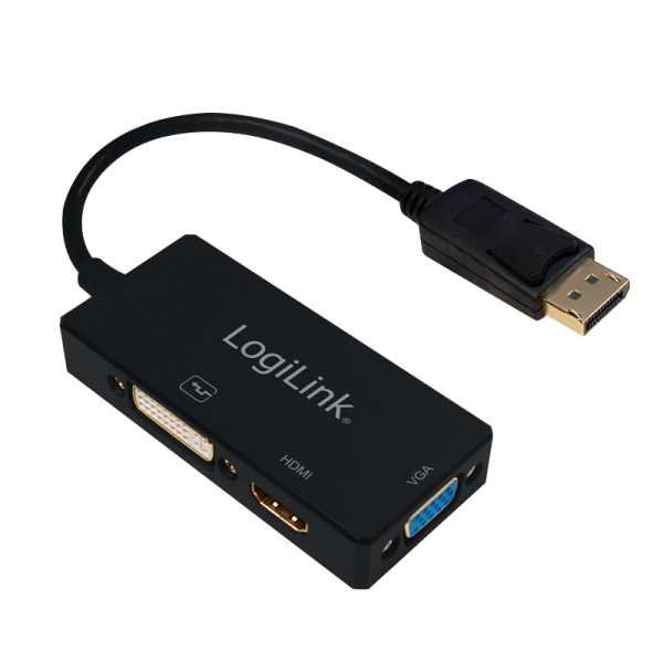 LogiLink DisplayPort Adapter DP/M zu HDMI+DVI+VGA 4K 30 Hz schwarz 0,1 m (1er Blister)
